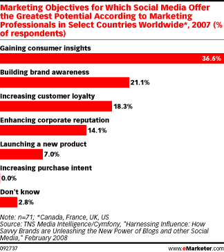 Marketing Objectives for Which Social Media Offer the Greatest Potential According to Marketing Professionals in Select Countries Worldwide*, 2007 (% of respondents)